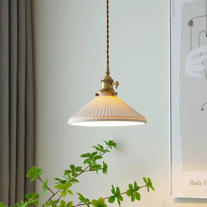 Traditional Japanese Brass Ceramic Cone Line 1-Light Pendant Light For Bedroom