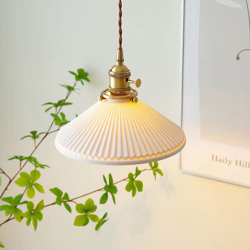 Traditional Japanese Brass Ceramic Cone Line 1-Light Pendant Light For Bedroom