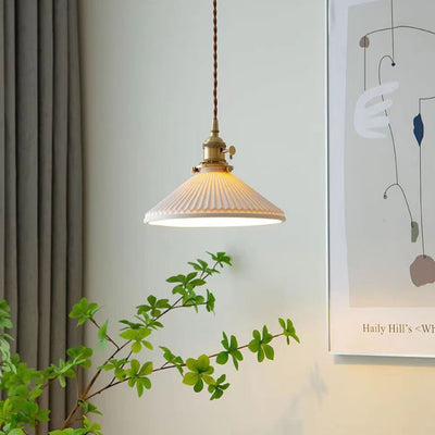 Traditional Japanese Brass Ceramic Cone Line 1-Light Pendant Light For Bedroom