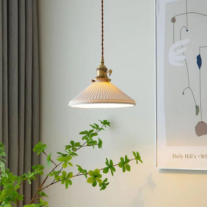 Traditional Japanese Brass Ceramic Cone Line 1-Light Pendant Light For Bedroom