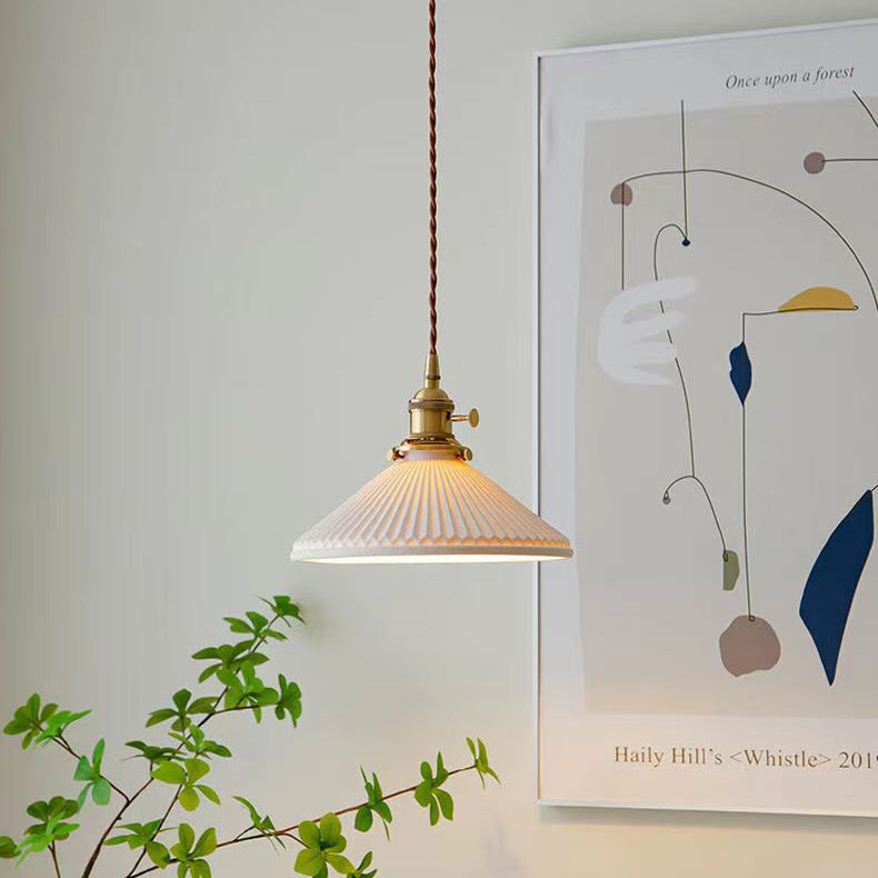 Traditional Japanese Brass Ceramic Cone Line 1-Light Pendant Light For Bedroom