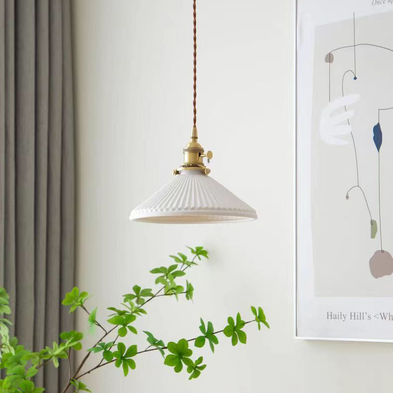 Traditional Japanese Brass Ceramic Cone Line 1-Light Pendant Light For Bedroom