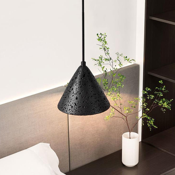 Modern Minimalist Natural Black Travertine Cone 1-Light Pendant Light For Bedroom