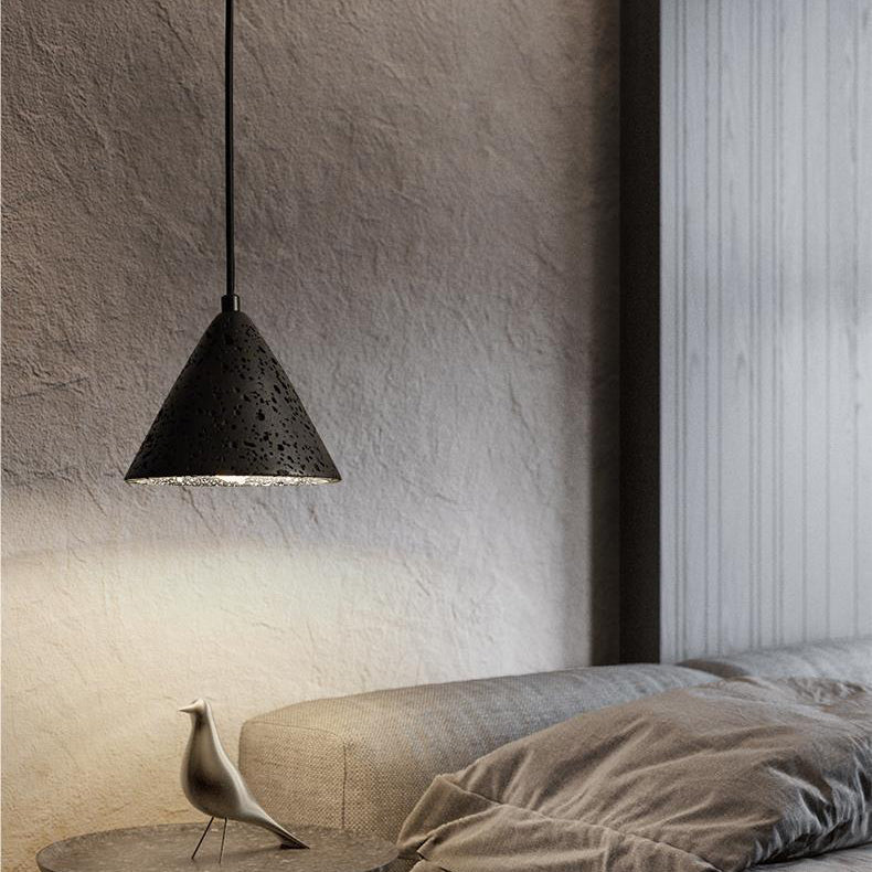 Modern Minimalist Natural Black Travertine Cone 1-Light Pendant Light For Bedroom