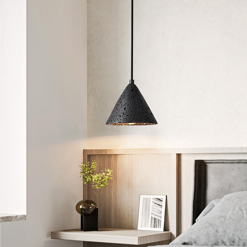 Modern Minimalist Natural Black Travertine Cone 1-Light Pendant Light For Bedroom