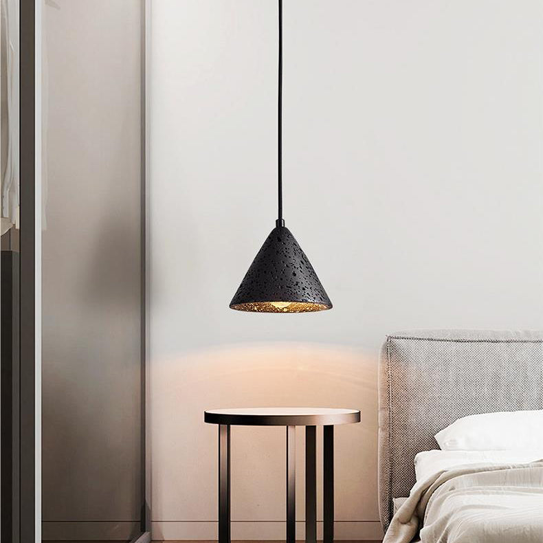 Modern Minimalist Natural Black Travertine Cone 1-Light Pendant Light For Bedroom