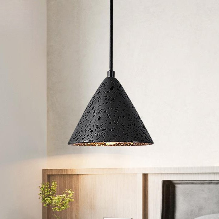 Modern Minimalist Natural Black Travertine Cone 1-Light Pendant Light For Bedroom