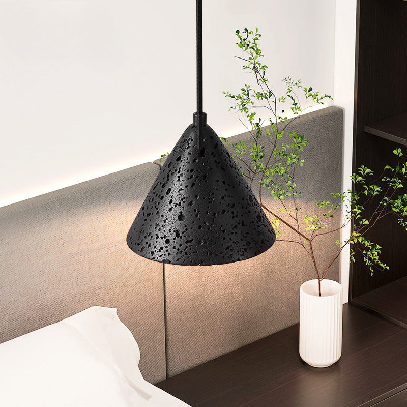 Modern Minimalist Natural Black Travertine Cone 1-Light Pendant Light For Bedroom