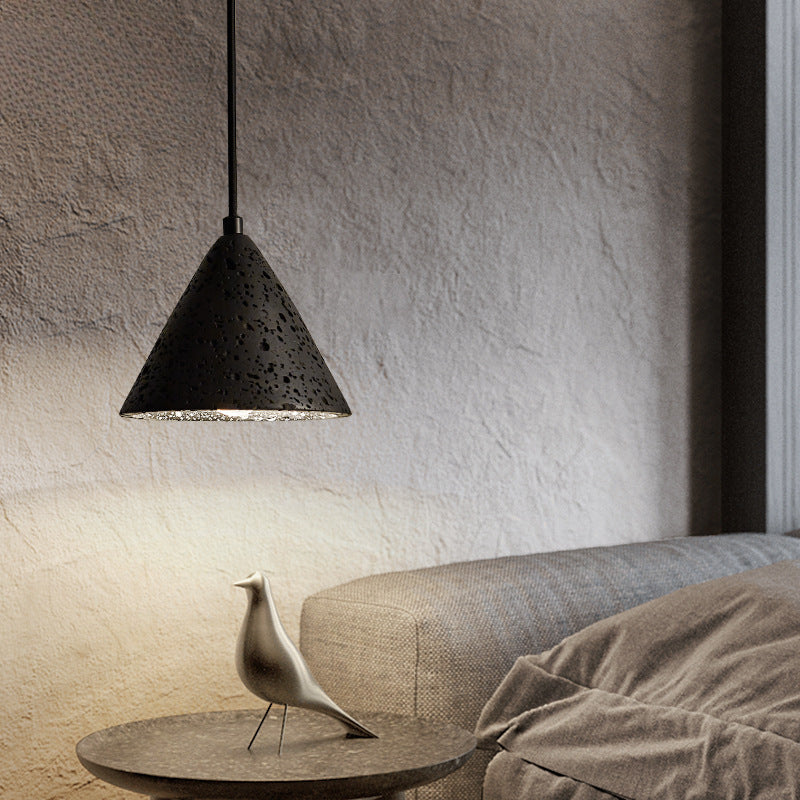 Modern Minimalist Natural Black Travertine Cone 1-Light Pendant Light For Bedroom