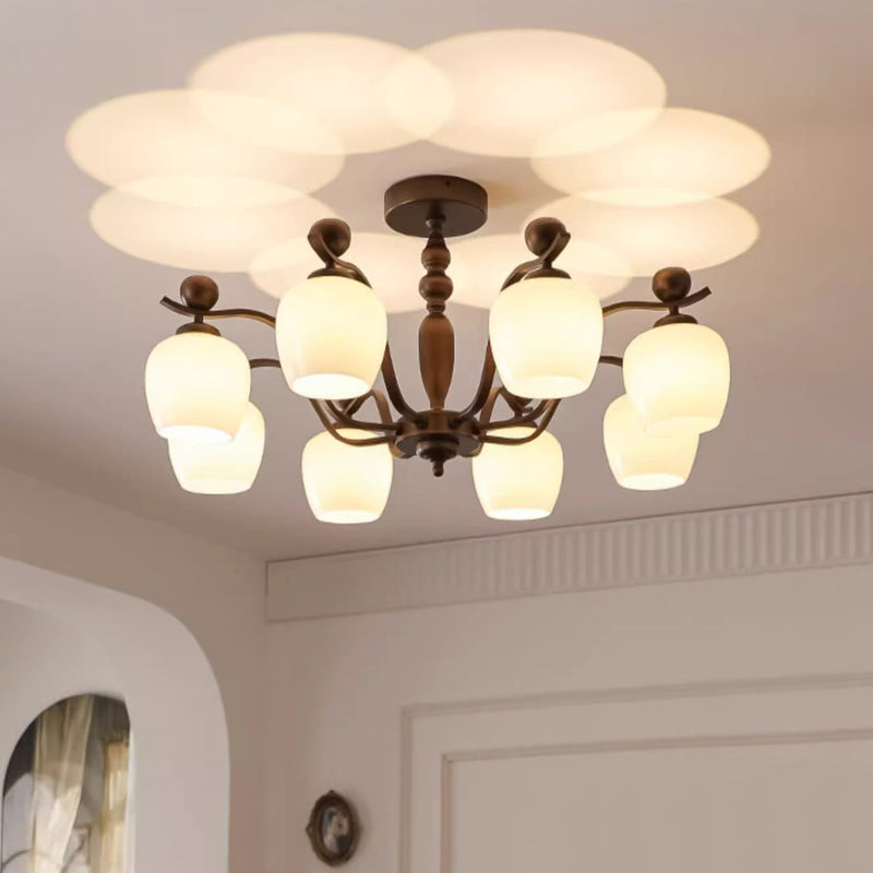 Contemporary Retro Iron Glass Branch Bent Rod Round Cup Shaped 6/8/10-Light Chandelier For Living Room