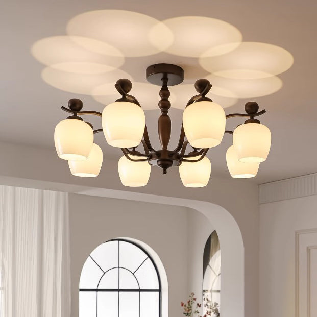 Contemporary Retro Iron Glass Branch Bent Rod Round Cup Shaped 6/8/10-Light Chandelier For Living Room