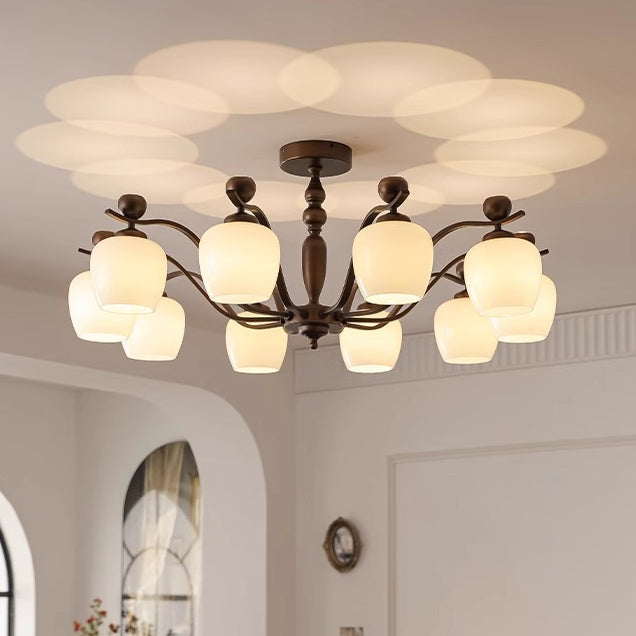 Contemporary Retro Iron Glass Branch Bent Rod Round Cup Shaped 6/8/10-Light Chandelier For Living Room