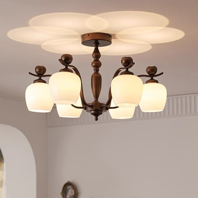 Contemporary Retro Iron Glass Branch Bent Rod Round Cup Shaped 6/8/10-Light Chandelier For Living Room