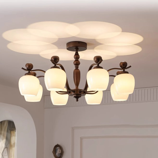 Contemporary Retro Iron Glass Branch Bent Rod Round Cup Shaped 6/8/10-Light Chandelier For Living Room