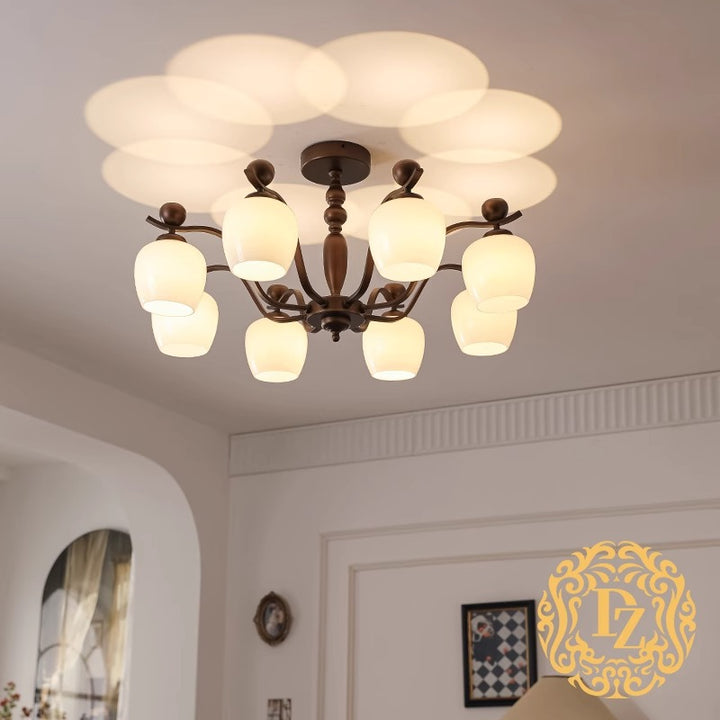 Contemporary Retro Iron Glass Branch Bent Rod Round Cup Shaped 6/8/10-Light Chandelier For Living Room