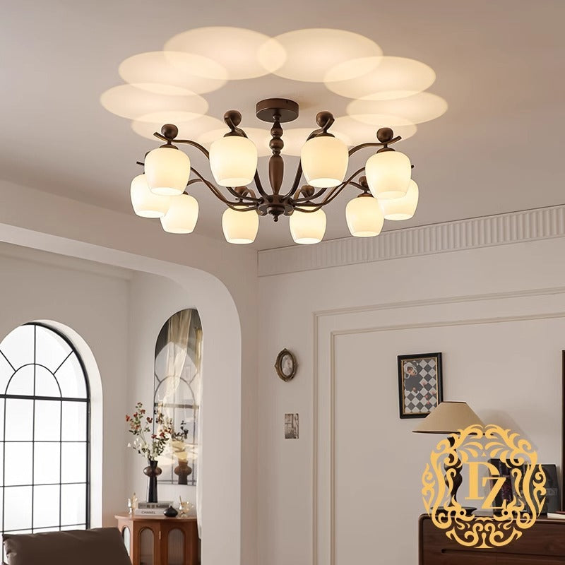 Contemporary Retro Iron Glass Branch Bent Rod Round Cup Shaped 6/8/10-Light Chandelier For Living Room