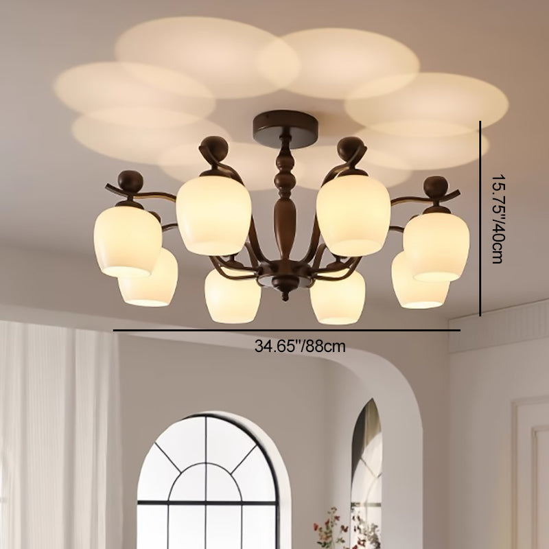 Contemporary Retro Iron Glass Branch Bent Rod Round Cup Shaped 6/8/10-Light Chandelier For Living Room
