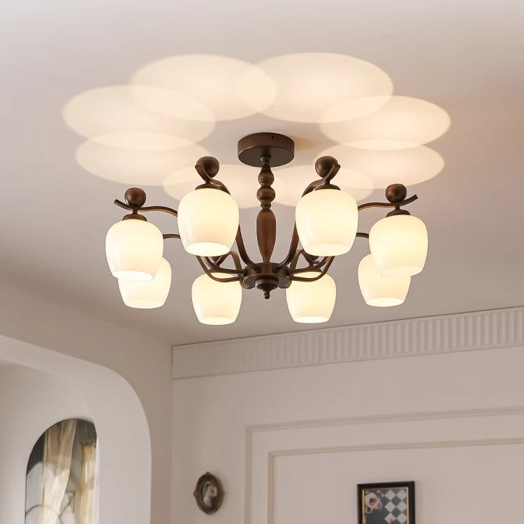 Contemporary Retro Iron Glass Branch Bent Rod Round Cup Shaped 6/8/10-Light Chandelier For Living Room