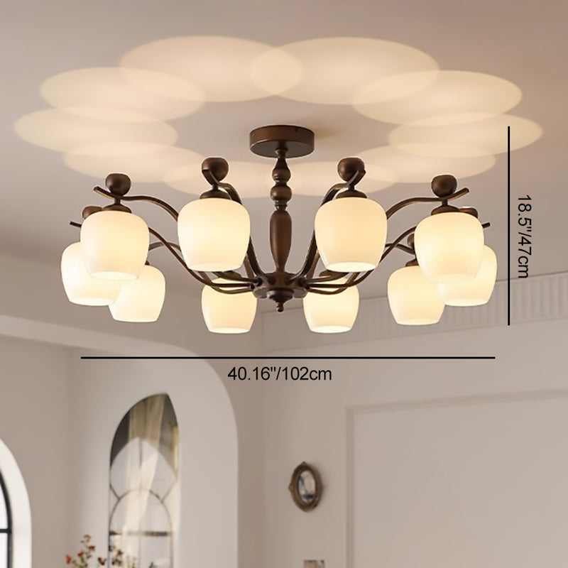 Contemporary Retro Iron Glass Branch Bent Rod Round Cup Shaped 6/8/10-Light Chandelier For Living Room