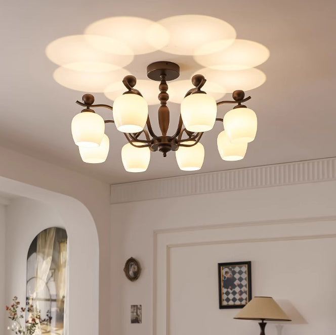 Contemporary Retro Iron Glass Branch Bent Rod Round Cup Shaped 6/8/10-Light Chandelier For Living Room