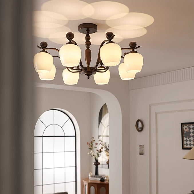 Contemporary Retro Iron Glass Branch Bent Rod Round Cup Shaped 6/8/10-Light Chandelier For Living Room