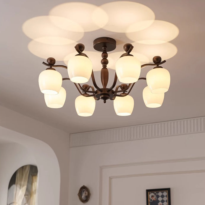 Contemporary Retro Iron Glass Branch Bent Rod Round Cup Shaped 6/8/10-Light Chandelier For Living Room