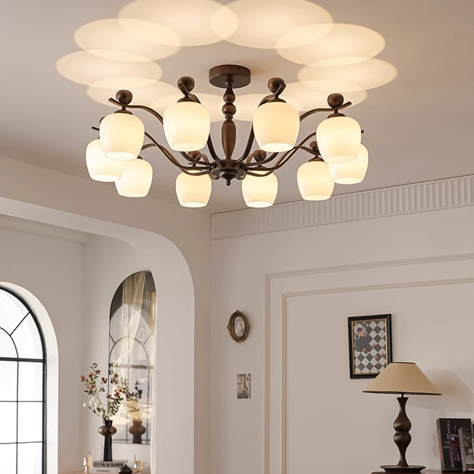 Contemporary Retro Iron Glass Branch Bent Rod Round Cup Shaped 6/8/10-Light Chandelier For Living Room