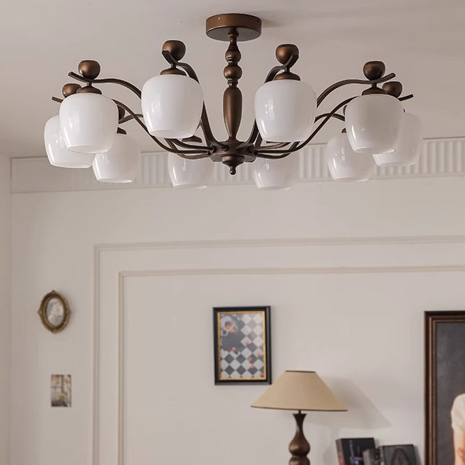Contemporary Retro Iron Glass Branch Bent Rod Round Cup Shaped 6/8/10-Light Chandelier For Living Room