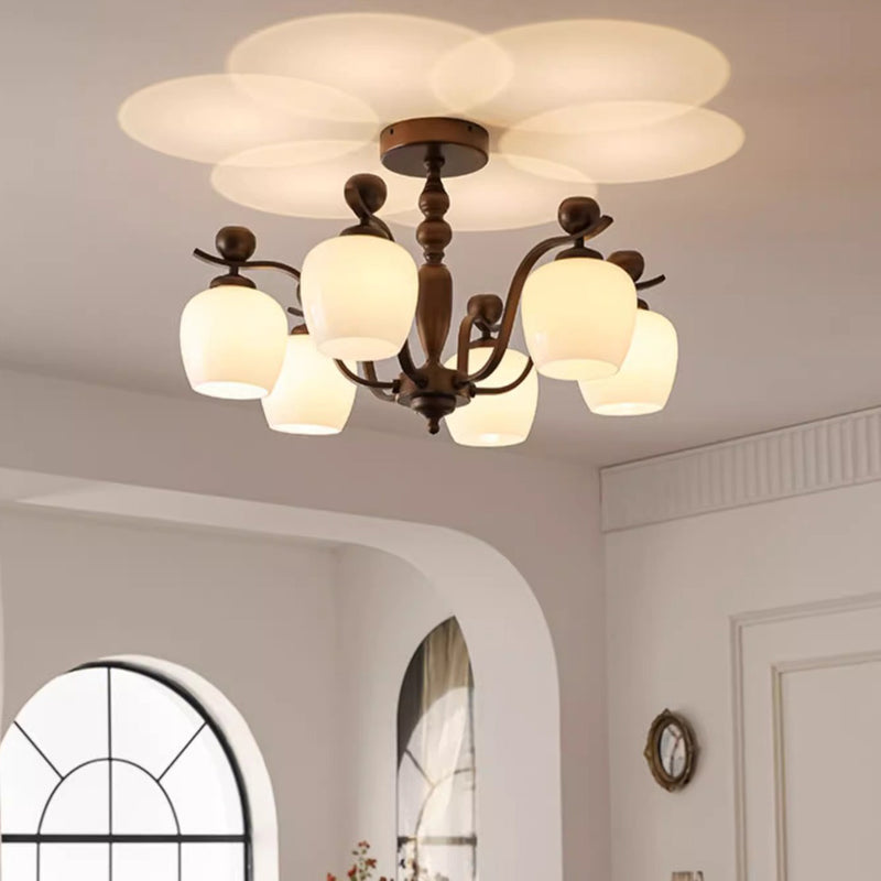 Contemporary Retro Iron Glass Branch Bent Rod Round Cup Shaped 6/8/10-Light Chandelier For Living Room