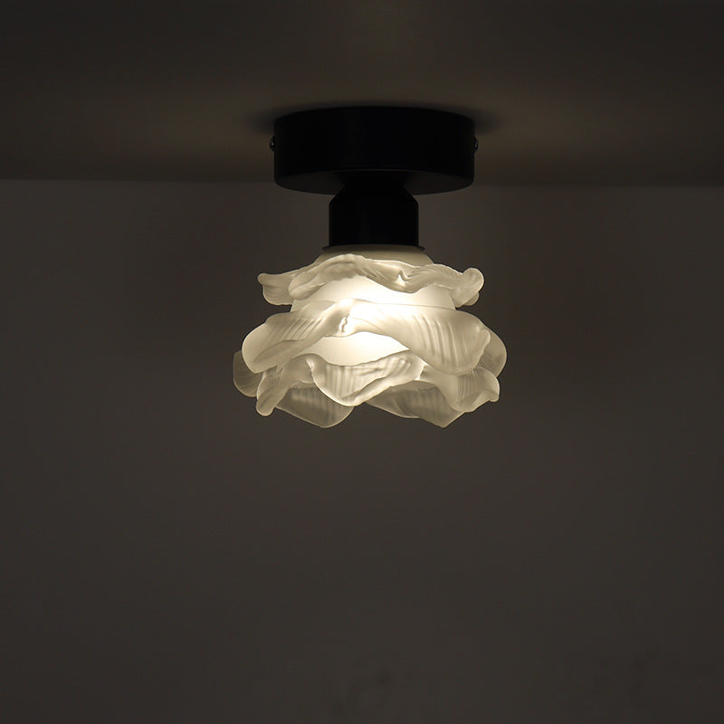 Traditional French Iron & Glass Rose Design 1-Light Semi-Flush Mount Ceiling Light For Hallway