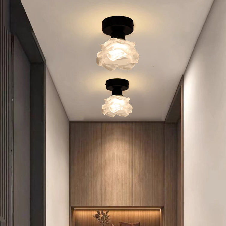 Traditional French Iron & Glass Rose Design 1-Light Semi-Flush Mount Ceiling Light For Hallway