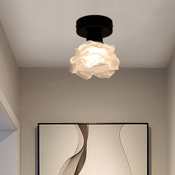 Traditional French Iron & Glass Rose Design 1-Light Semi-Flush Mount Ceiling Light For Hallway