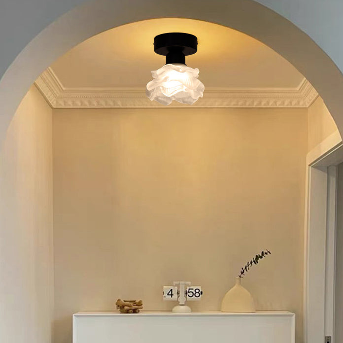 Traditional French Iron & Glass Rose Design 1-Light Semi-Flush Mount Ceiling Light For Hallway