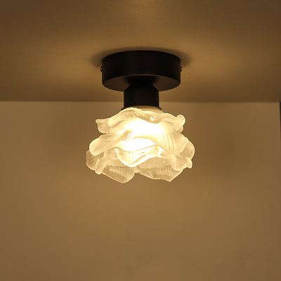 Traditional French Iron & Glass Rose Design 1-Light Semi-Flush Mount Ceiling Light For Hallway