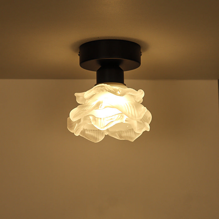 Traditional French Iron & Glass Rose Design 1-Light Semi-Flush Mount Ceiling Light For Hallway