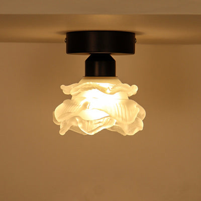 Traditional French Iron & Glass Rose Design 1-Light Semi-Flush Mount Ceiling Light For Hallway