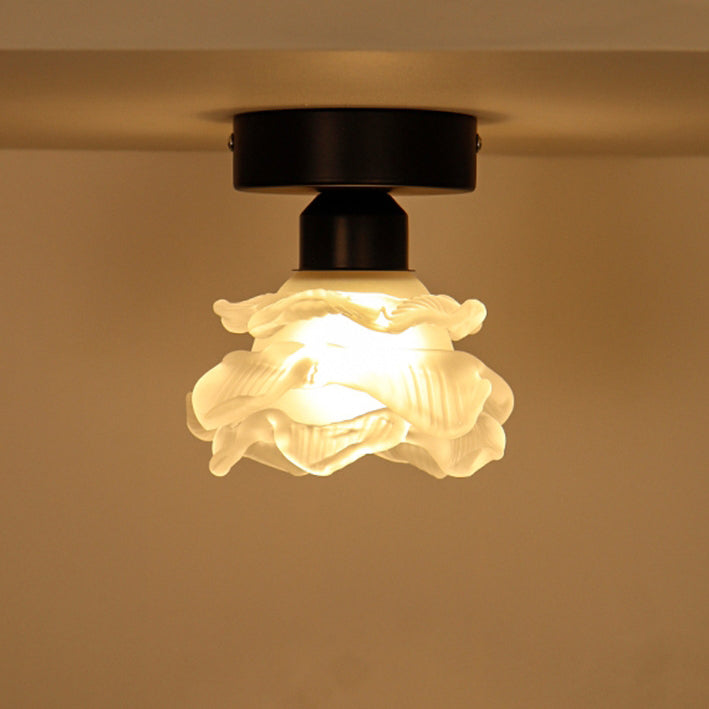 Traditional French Iron & Glass Rose Design 1-Light Semi-Flush Mount Ceiling Light For Hallway