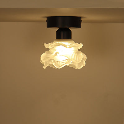 Traditional French Iron & Glass Rose Design 1-Light Semi-Flush Mount Ceiling Light For Hallway