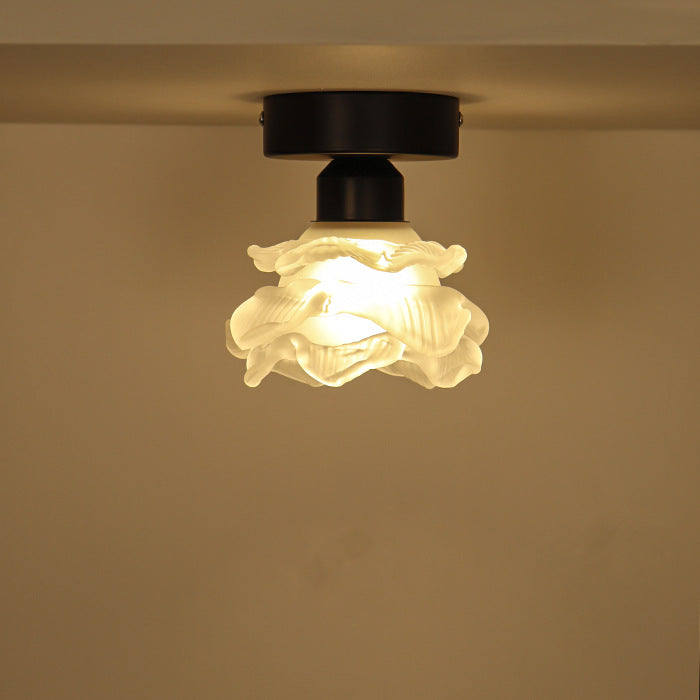 Traditional French Iron & Glass Rose Design 1-Light Semi-Flush Mount Ceiling Light For Hallway