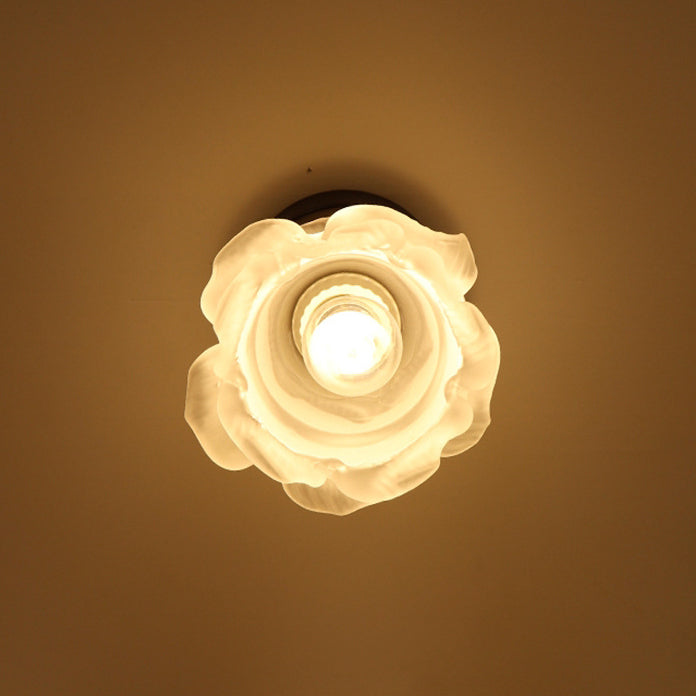 Traditional French Iron & Glass Rose Design 1-Light Semi-Flush Mount Ceiling Light For Hallway