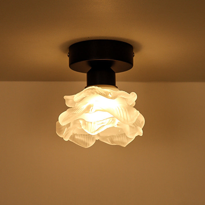 Traditional French Iron & Glass Rose Design 1-Light Semi-Flush Mount Ceiling Light For Hallway