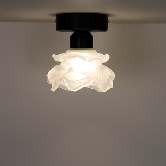 Traditional French Iron & Glass Rose Design 1-Light Semi-Flush Mount Ceiling Light For Hallway