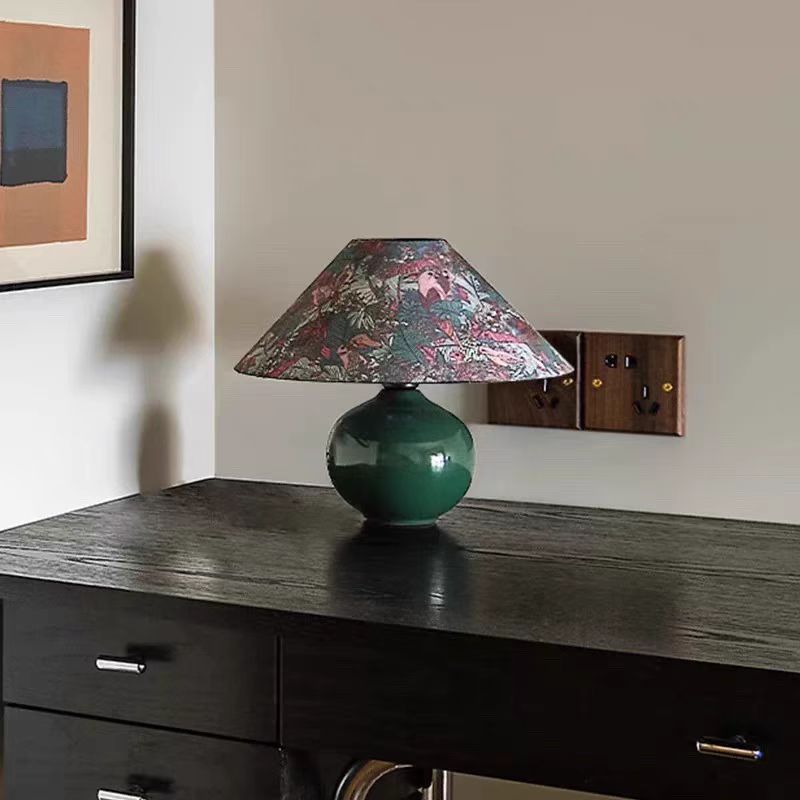 Modern Mid-Century Ceramic & Fabric Globe Base 1-Light Table Lamp For Living Room