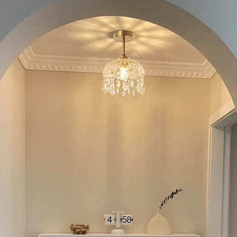 Traditional French Iron Crystal & Glass Dome Tassel 1-Light Semi-Flush Mount Ceiling Light For Hallway