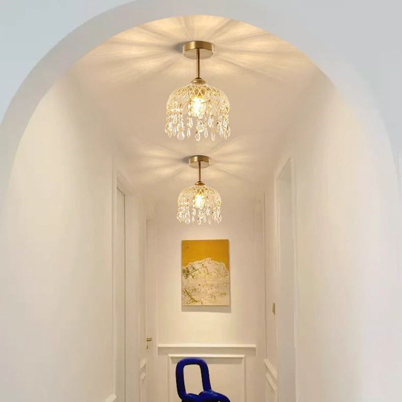 Traditionelle französische Eisenkristall- und Glas-Kuppel-Quaste 1-Licht Halbeinbau-Deckenleuchte für den Flur 