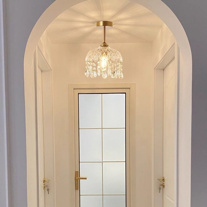 Traditionelle französische Eisenkristall- und Glas-Kuppel-Quaste 1-Licht Halbeinbau-Deckenleuchte für den Flur 