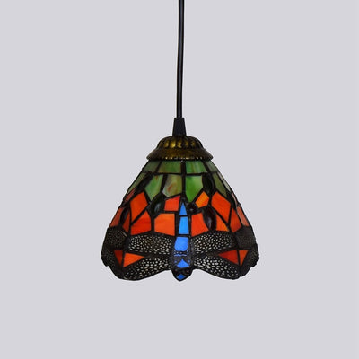 Traditional Tiffany Iron & Glass Dragonfly Cone 1-Light Pendant Light For Living Room