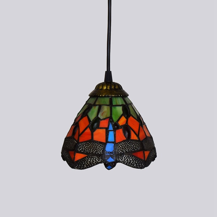 Traditional Tiffany Iron & Glass Dragonfly Cone 1-Light Pendant Light For Living Room