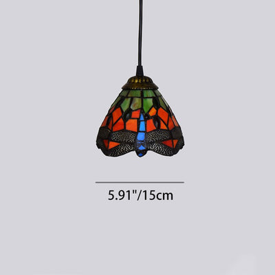 Traditional Tiffany Iron & Glass Dragonfly Cone 1-Light Pendant Light For Living Room