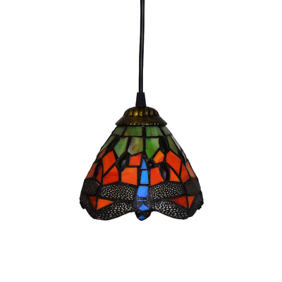 Traditional Tiffany Iron & Glass Dragonfly Cone 1-Light Pendant Light For Living Room